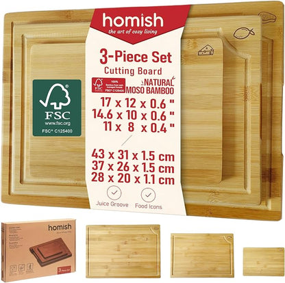 Large Bamboo Cutting Board 3 Piece Set with Juice Groove & Handle - Non Toxic Wood Charcuterie Board & Butcher Block for Meat, Veggies Fruit & Cheese - Kitchen Gift Set by Homish