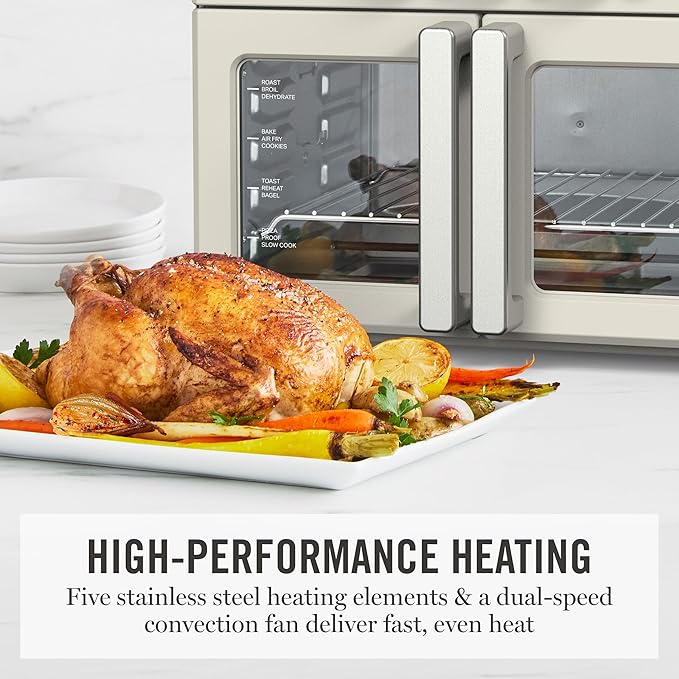 Martha Stewart French Door Air Fryer Toaster Oven Combo, 34QT Countertop Convection, 12-in-1, Bake, Broil, Roast, Fits 12” Pizza, Dehydrate, 5 Accessories, Air Fry Basket, Stainless Steel, Linen Cream