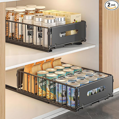 2 Pack Pull Out Cabinet Organizer, Heavy Duty Slide Out Drawer with No Drill Adhesive or Screw Mount, Carbon Steel Roll Out Shelf for Kitchen Cabinet, Pantry & Bathroom Storage