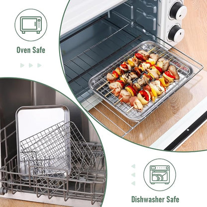 Homikit Toaster Oven Pan with Rack Set (1 Pan+1 Rack), 9 x 7 Inch Small Baking Sheet with Wire Rack, Stainless Steel Cookie Sheets for Baking, Cookie Bacon Tray with Cooling Rack, Dishwasher Safe