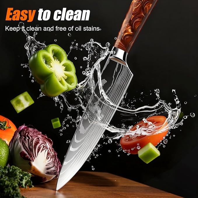 8-Piece Premium Japanese Kitchen Knife Set - Star Collection, Laser Damascus Pattern, 440A Stainless Steel Ultra Sharp for Fast Cutting (Red 8J)
