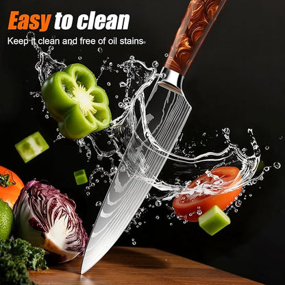 8-Piece Premium Japanese Kitchen Knife Set - Star Collection, Laser Damascus Pattern, 440A Stainless Steel Ultra Sharp for Fast Cutting (Red 8J)