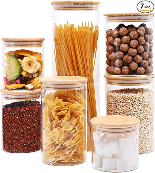 SHOWIN Glass Food Storage Jars, Glass Jars with Bamboo Lids, Kitchen Storage Jars, Canisters with Airtight Lids for Spice, Coffee, Cookie, Set of 7, Pantry Organizers
