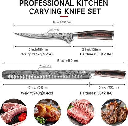 Sunnecko Professional BBQ Carving Knife Set, Slicing and Boning Knife for Meat Cutting,German High Carbon Stainless Steel Carving Knife for Meat and Turkey.
