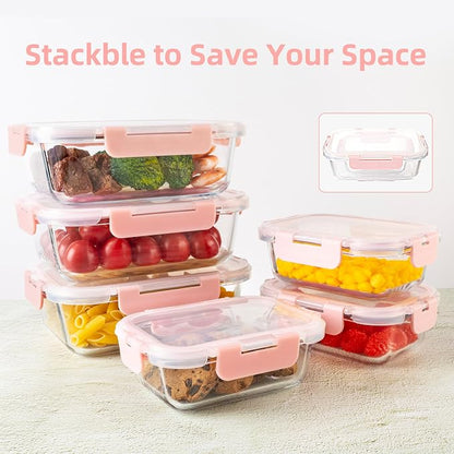 16PCS (8 Bowls + 8 Lids) High Borosilicate Glass Meal Prep Containers, Food Storage Containers with Airtight Lids, Glass Lunch Bento Boxes,Dishwasher Safe, pink