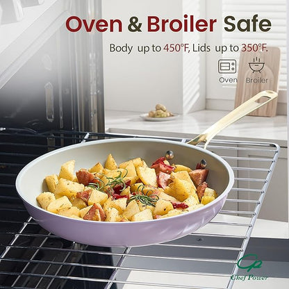 Chef Power Ceramic Cookware Sets, Pots and Pans Set Non Stick, Cookware Set with Stainless Steel Handle, Dishwasher & Oven Safe Purple 15Pcs Set