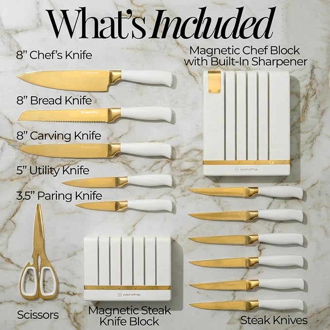White and Gold Knife Set with Magnetic Knife Holder - Space Saving Convertible In Drawer Knife Set with Built In Sharpener, German Stainless Steel Kitchen Knives