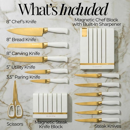 White and Gold Knife Set with Magnetic Knife Holder - Space Saving Convertible In Drawer Knife Set with Built In Sharpener, German Stainless Steel Kitchen Knives