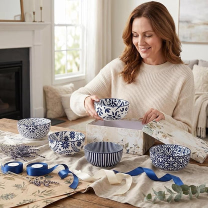 glowworm Cereal Bowls Set of 6, 26 Oz Porcelain Soup Bowls for Kitchen, Vintage Bowl Set for Rice, Oatmeal, Ice Cream, Dessert, Dishwasher & Microwave safe, Bohemian Blue & White