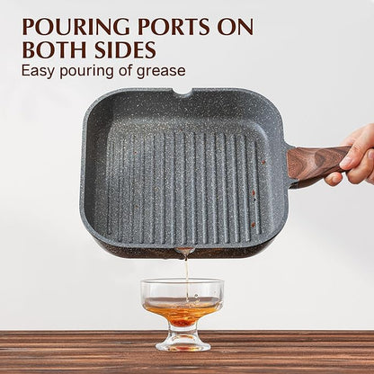 SENSARTE Nonstick Grill Pan with Lid, Grill Pan for Stove Tops, Versatile Griddle with Pour Spouts, Square Big Cooking Surface, Durable Skillet Indoor & Outdoor Grilling. PFOA Free, 9.5 Inch