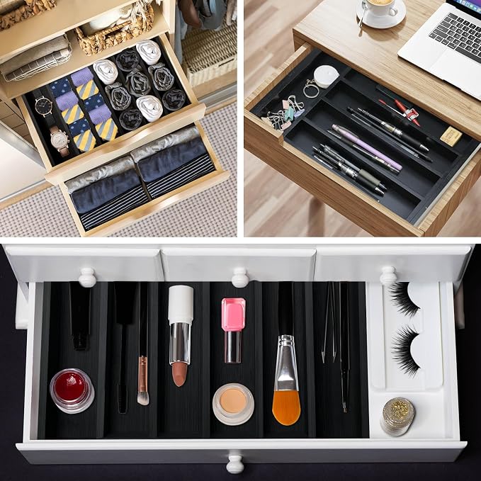 Expandable Large Kitchen Silverware Drawer Organizers Tray Bamboo Utensil Organizer Adjustable Cutlery Tray Black Wooden Flatware Organizers Divider Cooking Utensil Holder Drawer Fork Spoon Organizer