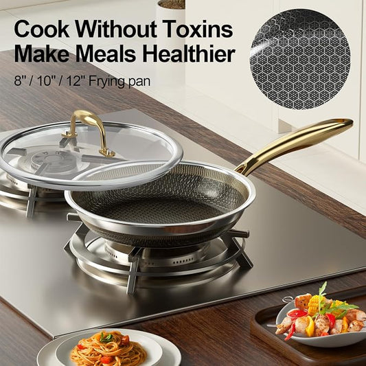 FogDream 10" 11" Stainless Steel Frying Pan with Lid, Honeycomb Hybrid Nonstick Skillet for Induction & All Cooktops, PFAS/PFOA/PTFE Free, Oven Safe to 500°F, Stay-Cool Handle, Dishwasher Safe, Gold