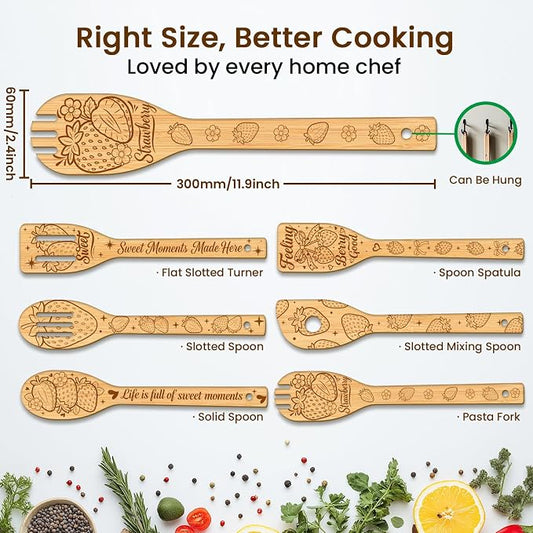 CUTHOLLOW 6PCS Strawberries and Flowers Wooden Kitchen Cooking Utensil Set, 11.9in Non Toxic Bamboo Wood Spoon Set for Cooking, Best Housewarming Birthday Thanksgiving Christmas Gift for Women Mother