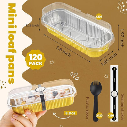 NPLUX Mini Loaf Pans with Lids and Spoons Rectangular Aluminum Foil Baking Pans Mini Cheesecake Containers 6.8oz, Graduation Gifts Party Favors(120 Pack, Gold)