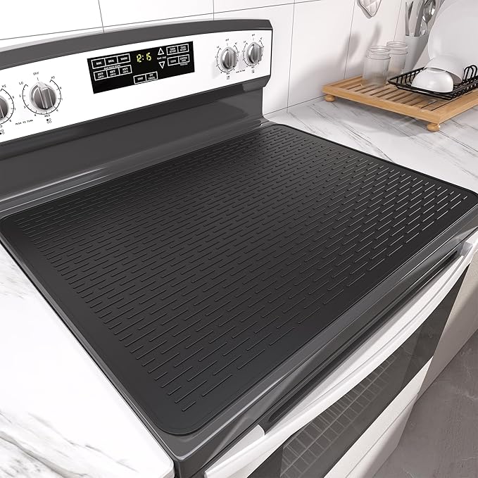 Stove Top Cover for Electric Stove- Range Covers for Electric Stove,Silicone XXL Dish Drying Mat, Glass Cooktop Covers, Flat RV Range top Mats (Black, 30"x21")
