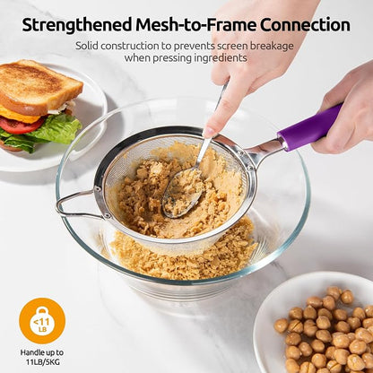 U-Taste Medium Fine Mesh Strainer: 18/8 Stainless Steel 4.73in 30 Mesh Kitchen Food Sieve with Sturdy Riveted Silicone Handle, Heavy Duty Deep Handheld Metal Colander for Rice, Quinoa, Flour (Purple)