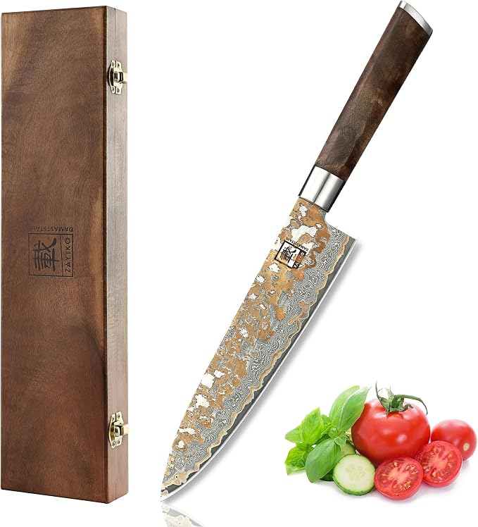zayiko Damascus Chef Knife 8.8 Inch, VG10 Core Kitchen Knife for Meat, Fish & Vegetables, 67-Layer Copper Damascus Steel, Maple Root Wood Handle, Wooden Gift Box