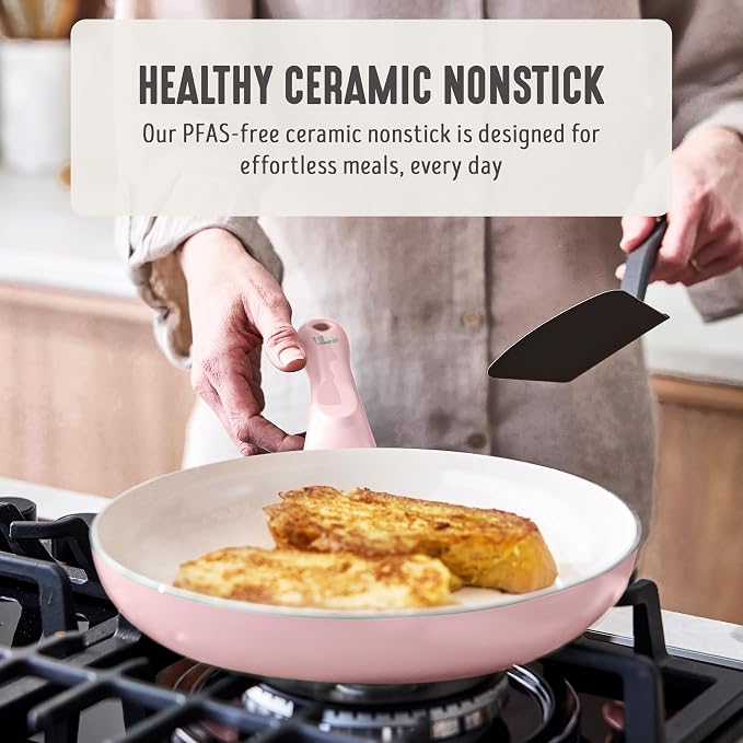 GreenLife 16-Piece Nonstick Cookware Set, Non-Toxic Ceramic Pots and Pans Set, Durable Healthy Kitchen Essentials, Fast Heating, Induction Ready, Easy Clean Dishwasher Safe, PFAS-Free, Blush Pink