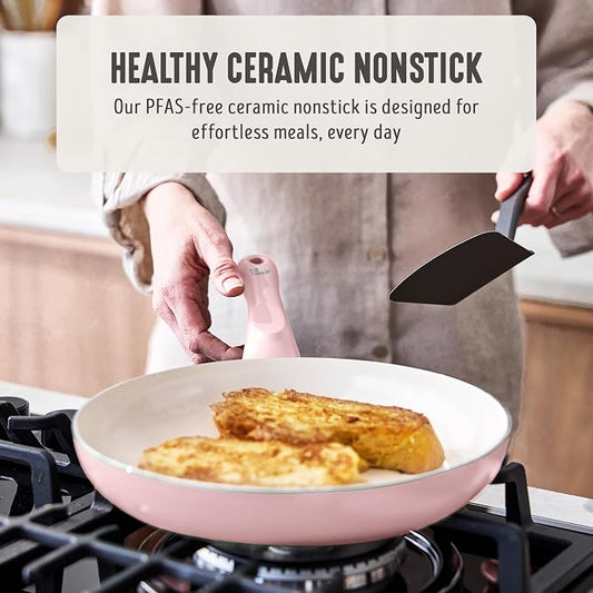 GreenLife 16-Piece Nonstick Cookware Set, Non-Toxic Ceramic Pots and Pans Set, Durable Healthy Kitchen Essentials, Fast Heating, Induction Ready, Easy Clean Dishwasher Safe, PFAS-Free, Blush Pink
