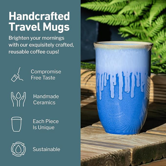 NOVA CERAMICS Ceramic Tumbler– Blue Ceramic Mug – Microwave & Dishwasher Safe Coffee White & Orange Tumbler - Leak-Proof Coffee Travel Mug – 12oz – Neptune