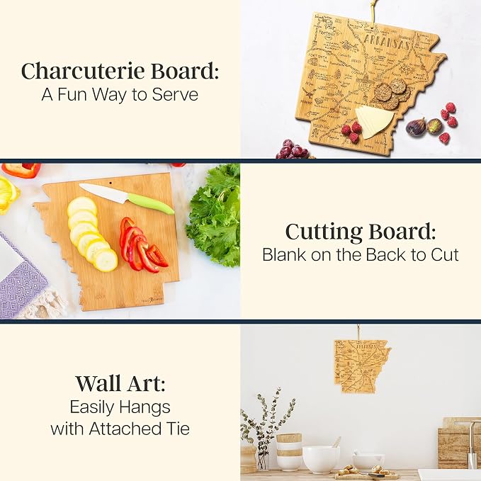 Totally Bamboo Destination Arkansas Shaped Cutting Board – Bamboo Charcuterie and Serving Board with Hang Tie for Wall Display