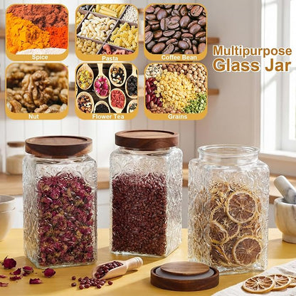 Domensi 6 Pack Vintage Glass Jars with Lids 34 oz with Begonia Pattern Acacia Wood Mason Jar Lids Airtight Pantry Containers for Kitchen Countertop Tea Coffee Spices and Snacks