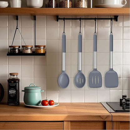 LIANYU Silicone Cooking Utensil Set, 4Pcs Heat Resistant Kitchen Utensils Set, Non-stick Stainless Steel Handle Spatula Tools, Dishwasher Safe, Grey