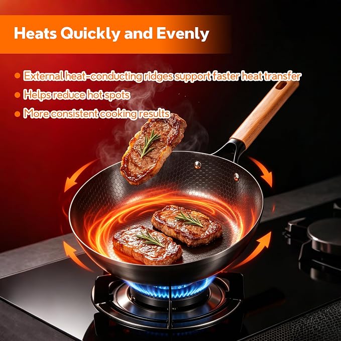 11-Inch Carbon Steel Frying Pan with Glass Lid, Pre-Seasoned Skillet with Honeycomb Interior, Deep Nonstick Fry Pan for Eggs, Omelets, Fried Rice, All Cooktops Compatible, Oven Safe 450°F