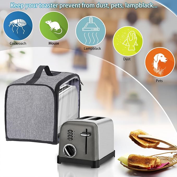 Toaster Cover with Base for 2 Slice Wide Slot, Dust Covers Compatible with Cuisinart 2 Slices, Toaster Bags with Zipper Closure (Cover Only)