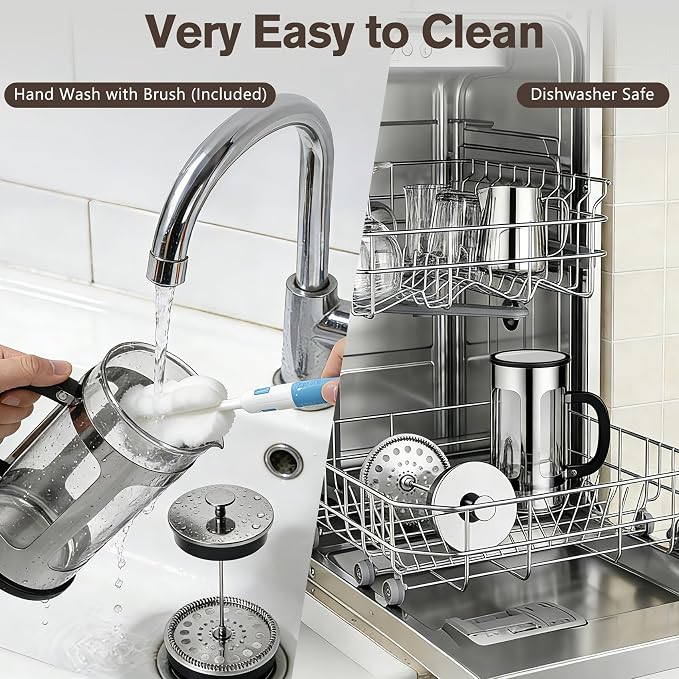 French Press Coffee Maker 34oz, Heat Resistant Thickened Glass Stainless Steel Brewer, No Plastic Touching Cafe, 4-Level Filtration, Cold Brew Cafe/Tea Pot for Kitchen Camping Travel, Gifts, Bar