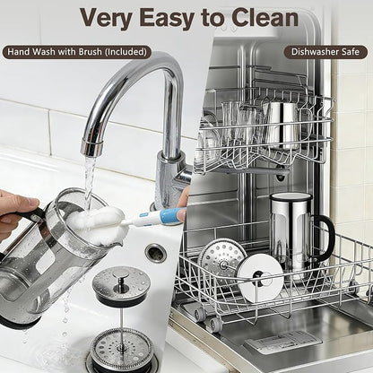 French Press Coffee Maker 34oz, Heat Resistant Thickened Glass Stainless Steel Brewer, No Plastic Touching Cafe, 4-Level Filtration, Cold Brew Cafe/Tea Pot for Kitchen Camping Travel, Gifts, Bar