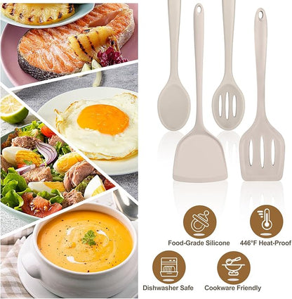 TeamFar Cooking Utensils Set of 4, Silicone Kitchen Utensils, Solid & Slotted Spoons Turners for Cooking/Serving/Frying, Healthy & Seamless Design, Heat-Resistant & Non-Scratch, Dishwasher Safe, Khaki