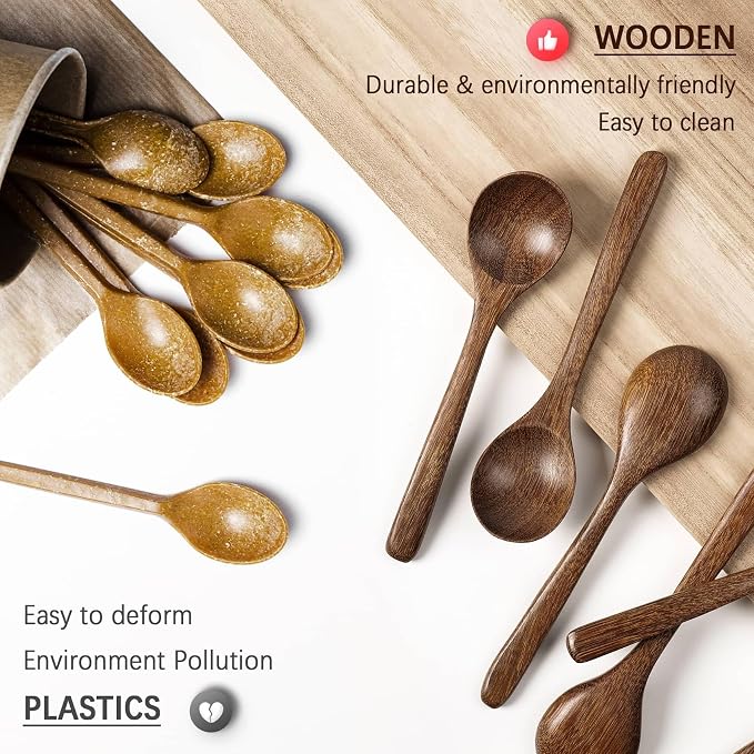2 PCS Wooden Spoons for Eating, 7 inch Wooden Honey Spoons for Tea, Wood Teaspoons for Stirring Coffee, Padauk Wood Table Spoon for Cooking, Small Serving Spoon for Soup, Desserts & Cereal