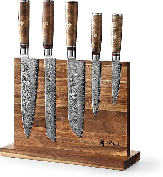 Wakoli Damascus Chef Knife Set with Magnetic Block – 5-Piece Professional Kitchen Knife Block Set, Genuine 67-Layer Damascus Steel Blades with VG10 Core & Ergonomic Sycamore Wood Handles