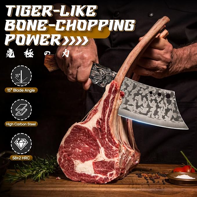 Purple Dragon Butcher Knife Set Tiger-Head, 8 PCS Japanese Chef Knife Set with Roll Bag, Meat Cleaver Boning Viking Knives, Sharp Kitchen Knives for Home, Outdoor, Camping BBQ Christmas Gift for Men