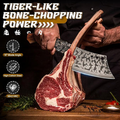 Purple Dragon Butcher Knife Set Tiger-Head, 8 PCS Japanese Chef Knife Set with Roll Bag, Meat Cleaver Boning Viking Knives, Sharp Kitchen Knives for Home, Outdoor, Camping BBQ Christmas Gift for Men
