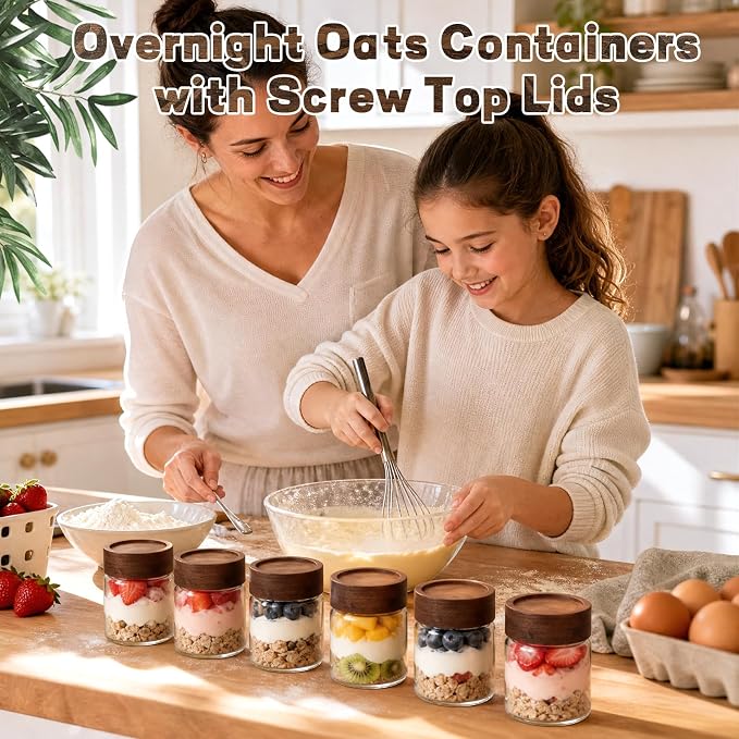 5oz Glass Spice Mason Jars with Screw Wood Lid 6 pcs Airtight Small Glass Jars Seasoning Herb Containers Food Storage Canister for Sugar Coffee Bean Ground Candy Salt Overnight Oat (5oz/150ml*6)