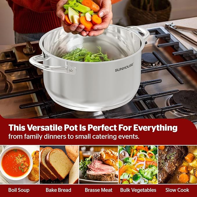 Sunhouse Stock Pot with Lid - 13 QT Large Pot for Cooking Pasta, Soup, Spaghetti - Impact Bonding Base Big Stainless Steel Pots for Canning, Boiling - Oven Safe & Induction Compatible Cookware