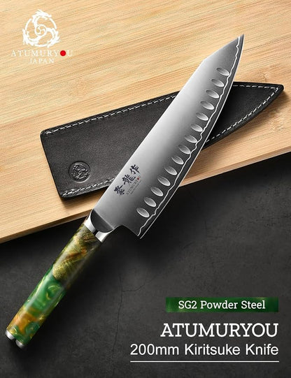Japanese Chef Knife with SG2 Powder Steel, 8 Inch Professional Kitchen Knives, Handcrafted Kiritsuke Knife with Unique Jade Green Ergonomic Handle, Superior Edge Retention & Exceptional Durability