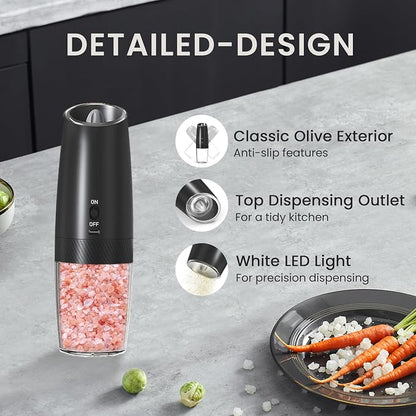 Rechargeable Salt And Pepper Grinder Set with LED Light, Automatic Electric Gravity Salt And Pepper Shakers Set, No Battery Needed, Adjustable Roughness, 2 Pack (Black&Black)