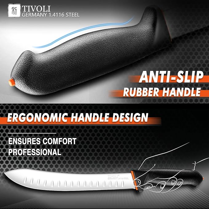 TIVOLI Bullnose Knife 10 Inch - Butcher Carving Knife with Ergonomic Non-Slip Softgrip & German Stainless Steel Razor Sharp Blade for Meat Cutting,Slicing - Gift for Men Women