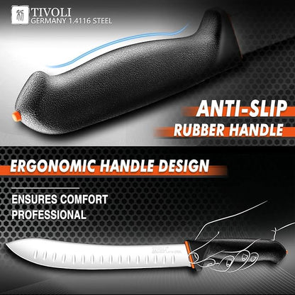 TIVOLI Bullnose Knife 10 Inch - Butcher Carving Knife with Ergonomic Non-Slip Softgrip & German Stainless Steel Razor Sharp Blade for Meat Cutting,Slicing - Gift for Men Women