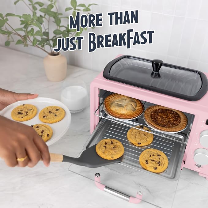 Nostalgia 3-in-1 Retro Breakfast Station - Includes 5 (4 Oz) Cup Coffee Maker, Non-Stick Ceramic Griddle, and 4-Slice Toaster Oven - Built-In Timer, Reusable Coffee Filter, Space-Saving Design - Pink