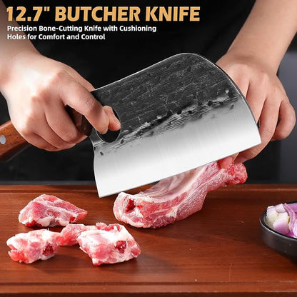Chef Knife Set, 3 PCS Japanese Kitchen Butcher Knife Set, Serbian Chef Knives Meat Cleaver Viking Boning Knives, Professional Hand Forged Steel, for Home Outdoor Cooking Camping BBQ