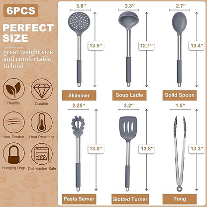 LIANYU Silicone Cooking Utensil Set, 6Pcs Heat Resistant Kitchen Utensils Set, Non-stick Stainless Steel Handle Spatula Tools, Dishwasher Safe, Grey