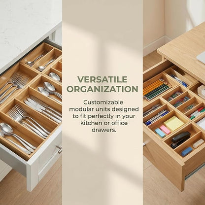 Bamboo Drawer Organizer with Removable Dividers, Fits Kitchens, Bathrooms, Desk, Utensil, Makeup (Natural, S)