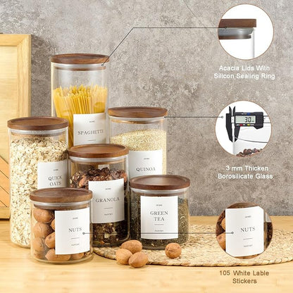 Set of 3 Glass Pantry Jars with Acacia Wood Lids, 65oz Airtight Pasta Organizers with 105 Labels, Tall Glass Pantry Storage Containers for Cereal, Spaghetti, Pasta Canisters