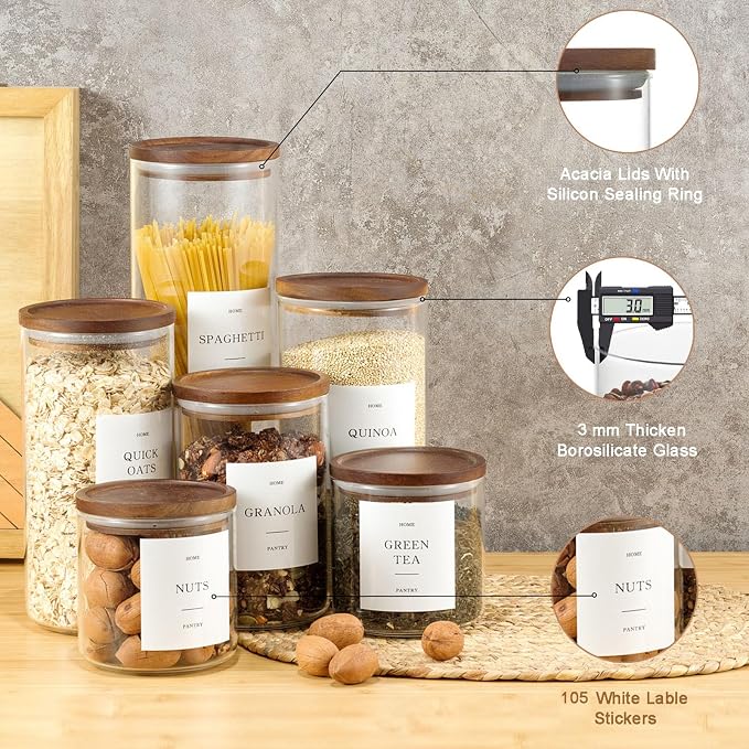 Set of 6 Glass Pantry Jars with Acacia Wood Lids, 32oz Airtight Pantry Storage Containers with 105 Labels, Glass Kitchen Canisters for Coffee, Tea, Sugar, Pasta