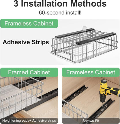 Pull out Cabinet Organizer, Stainless Steel 4-Pack Slide out Drawer with Silent Full-Extension Slides, Adhesive Roll out Can Spice Storage Basket Shelf Rack for Pantry, Kitchen, Bathroom, Home Closet
