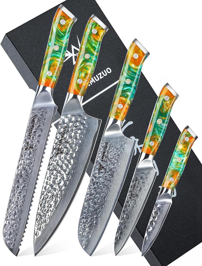 Kitchen Cooking Knife Set - 5 Pieces Chef Knives- Forged Damascus Steel & Resin Handle - Yao Series